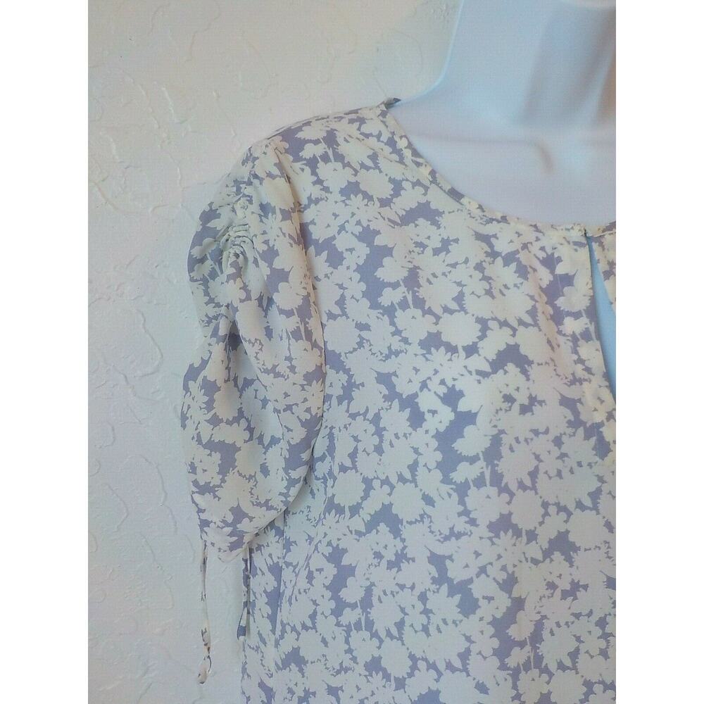 Rose Olive Women Small White Purple Floral Top Chiffon Shirred Short Sleeve - Picture 4 of 7